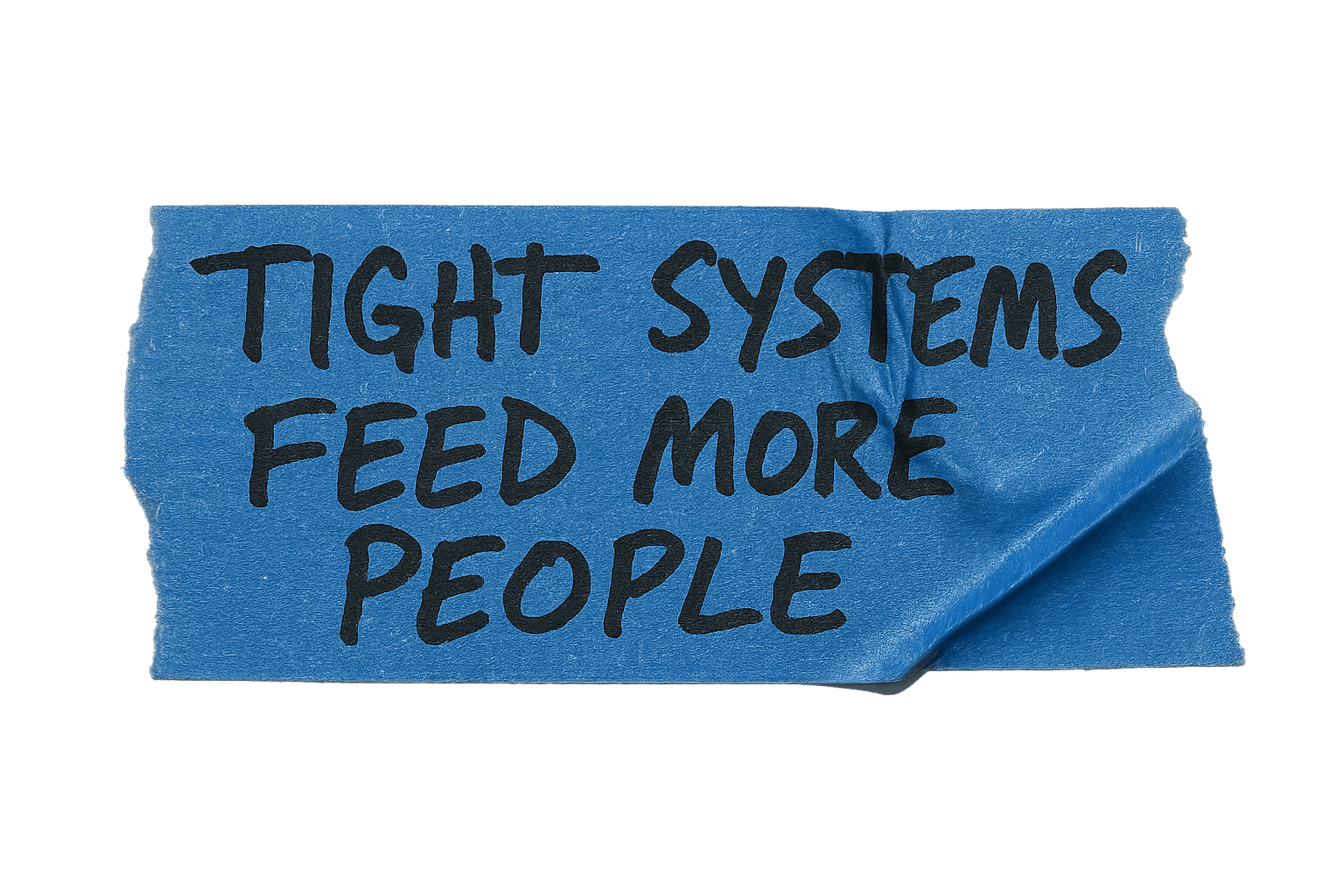 A blue banner with the text "TIGHT SYSTEMS FEED MORE PEOPLE" in bold, black letters across the center.
