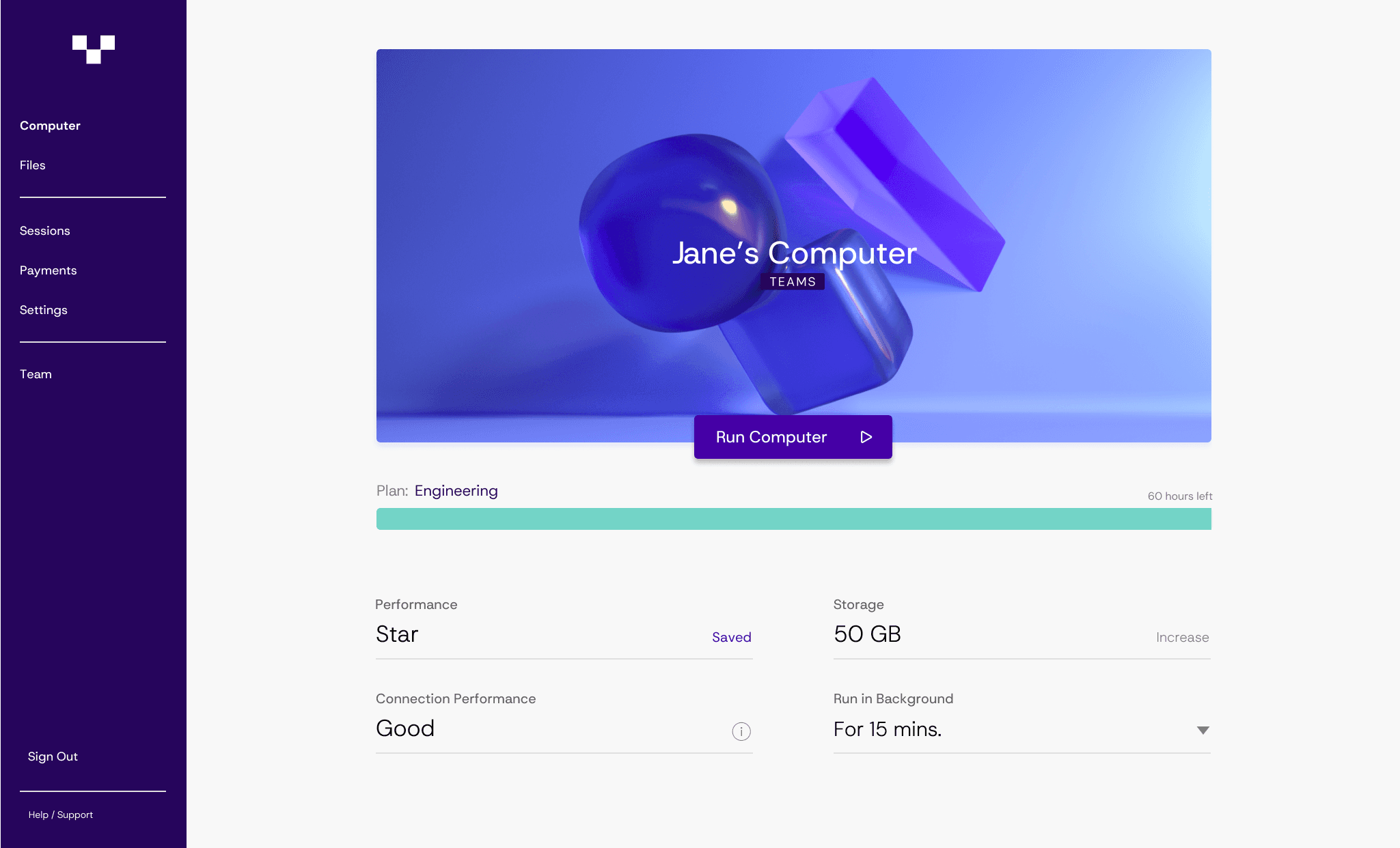 Vagon Teams cloud workstation interface showing a running remote computer environment