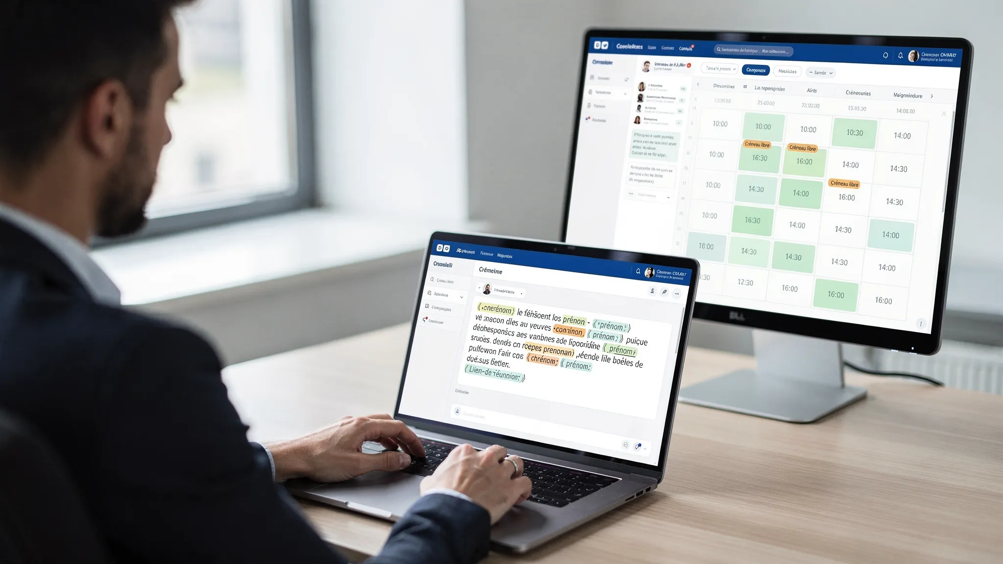 Un assistant IA génère un email de relance personnalisé sur un ordinateur portable, avec des variables comme prénom, entreprise et lien de réunion, et une vue de calendrier montrant des créneaux disponibles. Les écrans sont orientés face à la personne.