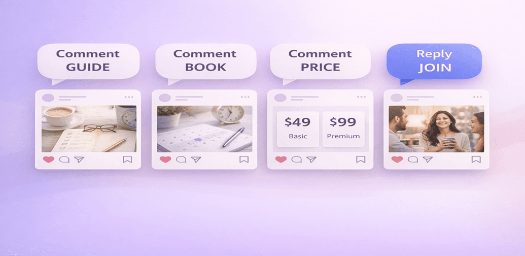 Use-case banner showing different Instagram CTA examples for guides, bookings, pricing, and joins