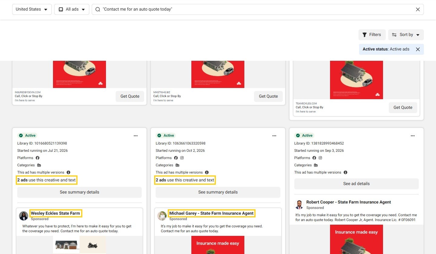 An exact-phrase search for a State Farm agent ad in the Ad Library: the same creative under different agents' Pages, each card counting "2 ads use this creative and text"