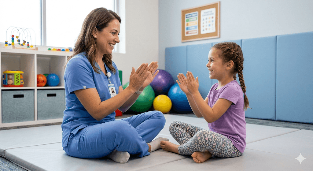 A therapist and a child engaged in a rhythmic clapping and sequencing game while sitting cross-legged on a soft clinic mat. They are making eye contact and smiling. The image highlights bilateral coordination, rhythm, and the social connection necessary for communication. Clean, modern, and professional style.