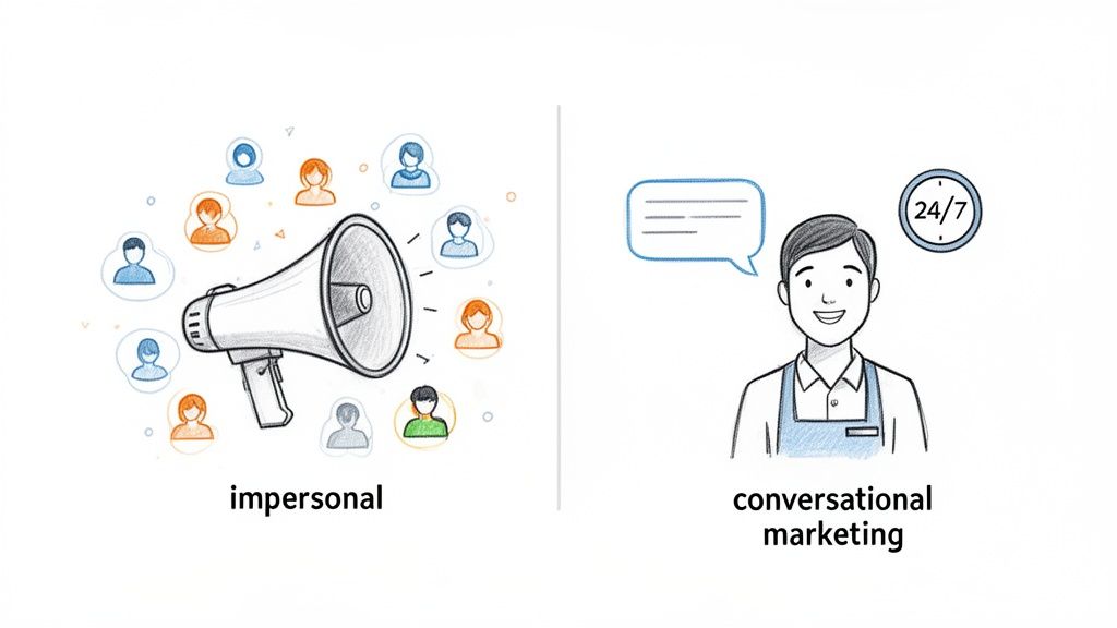 Illustration contrasting impersonal megaphone marketing to a crowd with conversational marketing by a smiling 24/7 agent.