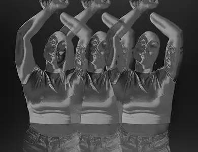 Abstract sculptural form composed of layered geometric shapes.