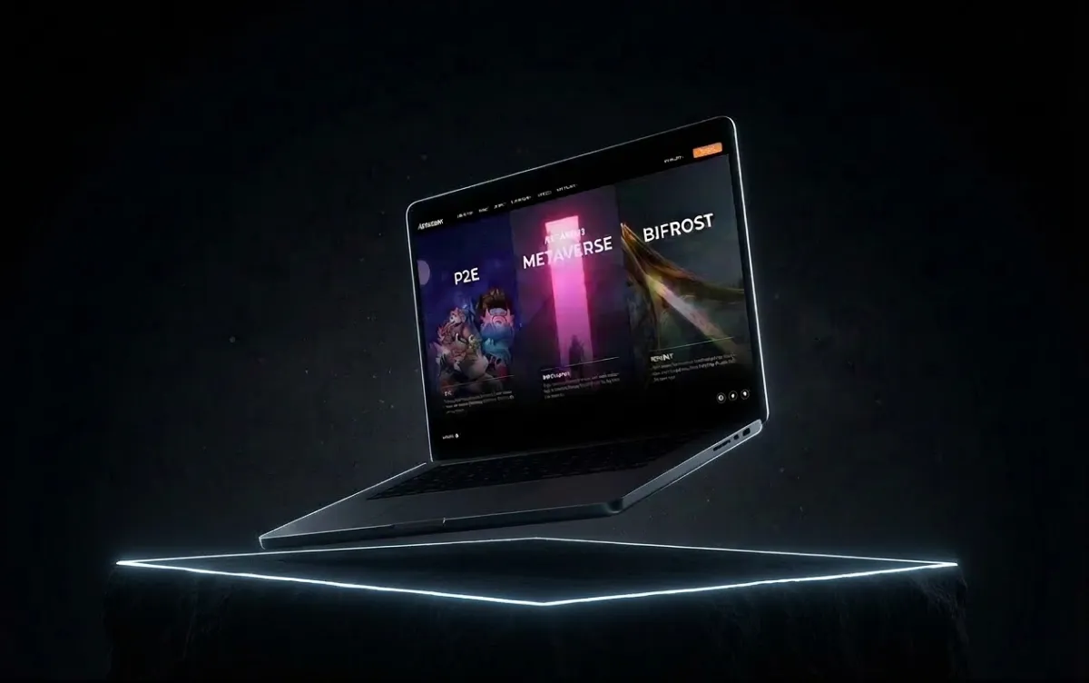 Metasens homepage displayed on a floating laptop mockup in a dark studio scene, showcasing P2E, Metaverse, and Bifrost sections