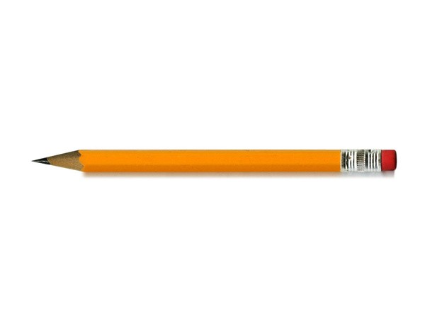 A yellow pencil lies horizontally on a white background. The pencil has a sharpened graphite tip and a red eraser at the end. The pencil is positioned slightly off-center, with the eraser on the right side.