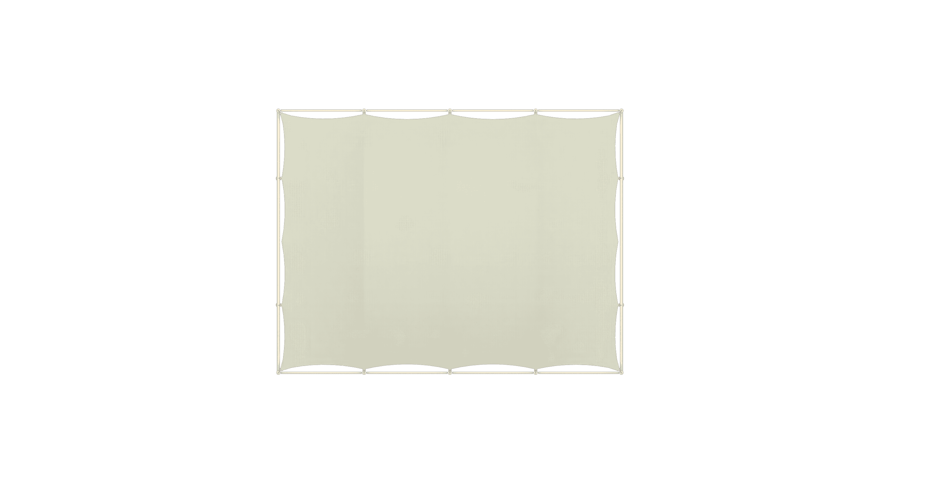Gound plan: Roof construction on a frame with four curved, beige fabric panels.