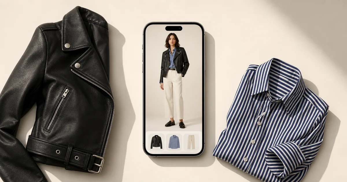 Portrait phone previewing a moto jacket beside two coordinated wardrobe pieces on a warm ivory background