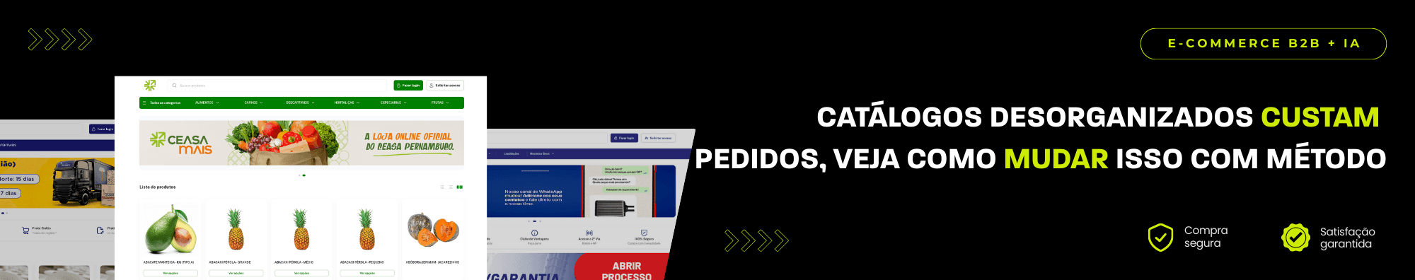 Banner horizontal com fundo escuro, ícones de segurança e satisfação, e imagens de lojas B2B exibidas à esquerda. Elementos gráficos em verde destacam o tema de e-commerce B2B com IA.