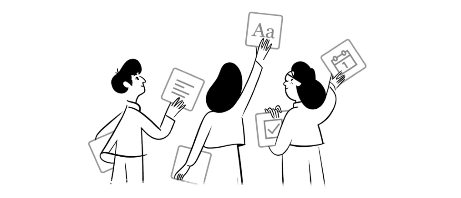 Illustration of three people reaching for floating symbol tiles representing text, calendar, and checklist elements, symbolizing organizing content and planning.