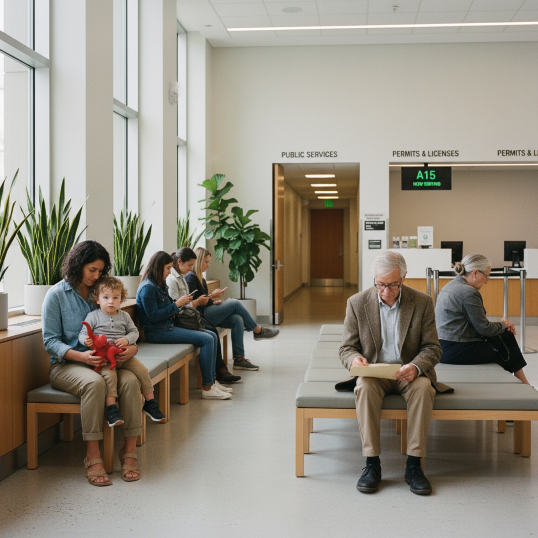 Ein helles Wartefoyer im Rathaus, durch große Fenster fällt Tageslicht auf schlichte Sitzreihen. Eine Mutter beruhigt ihr Kind, ein älterer Herr sortiert sorgfältig seine Unterlagen. Ein leiser Hinweis aus dem Nebenraum lenkt die Aufmerksamkeit zum Gang. Die Atmosphäre wirkt geordnet und respektvoll, ohne Hektik.
