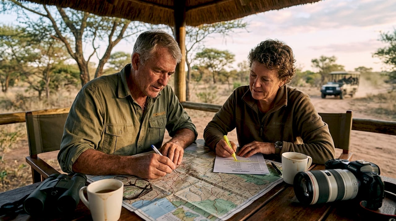 Couple planning Namibia safari route at lodge table
