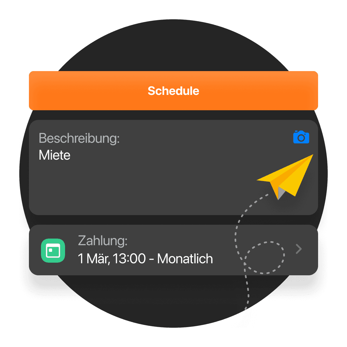 Geplante Zahlungskarte für das Moneymonk-Abo mit orangefarbenem Papierflieger-Icon.