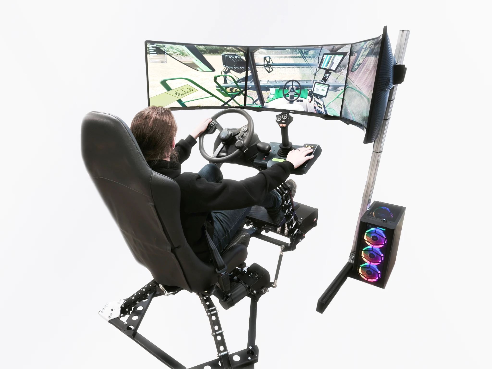 Gamer driving simulator setup with triple monitors.