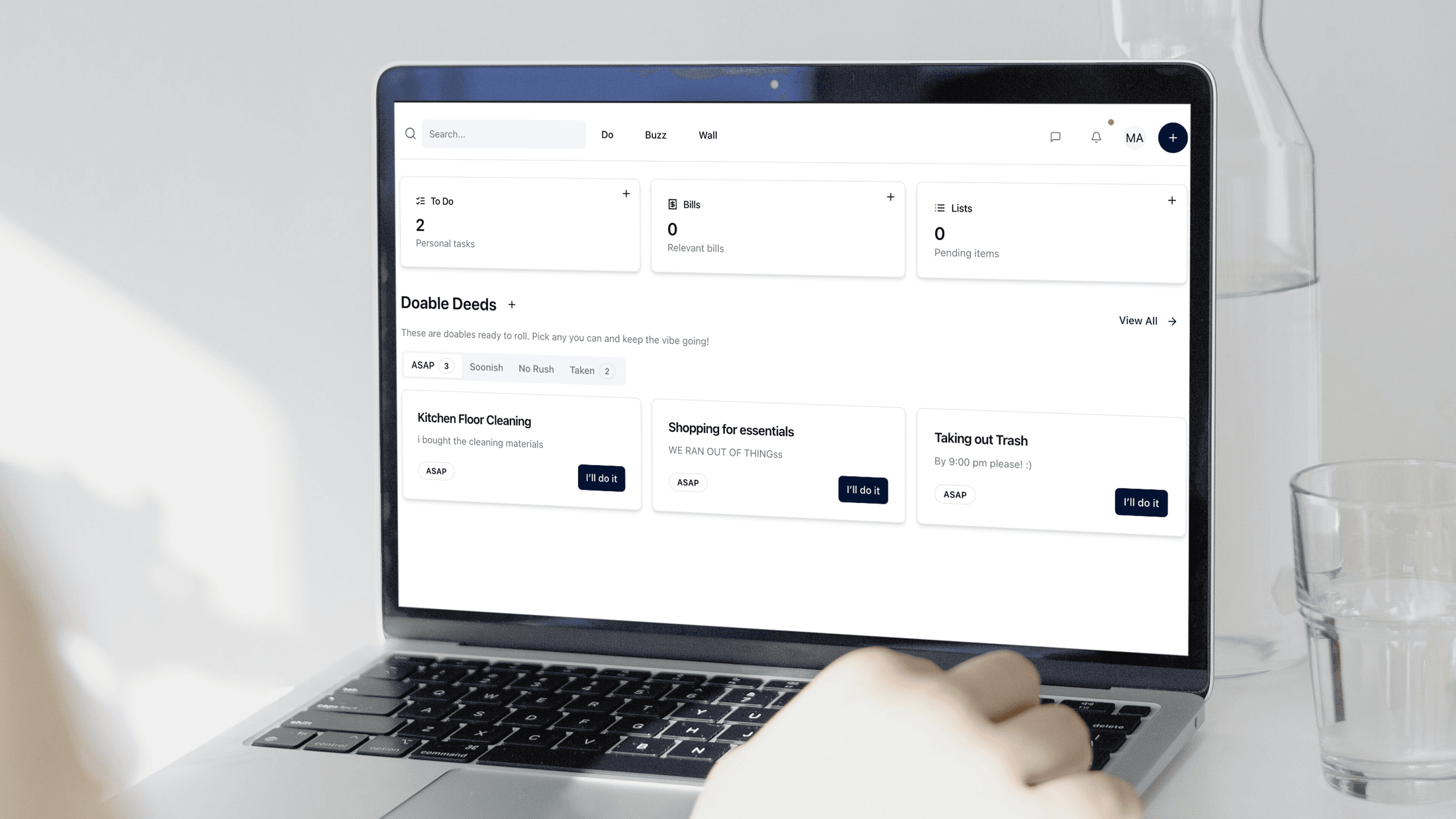 Hub dashboard displaying bills and shopping list