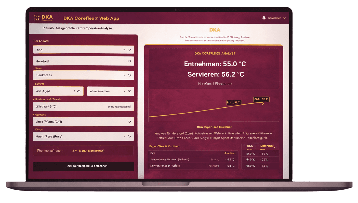 Tatsächliche DKA Coreflex® Web-App auf einem Laptop mit Entnahme- und Serviertemperatur sowie Temperaturkurve