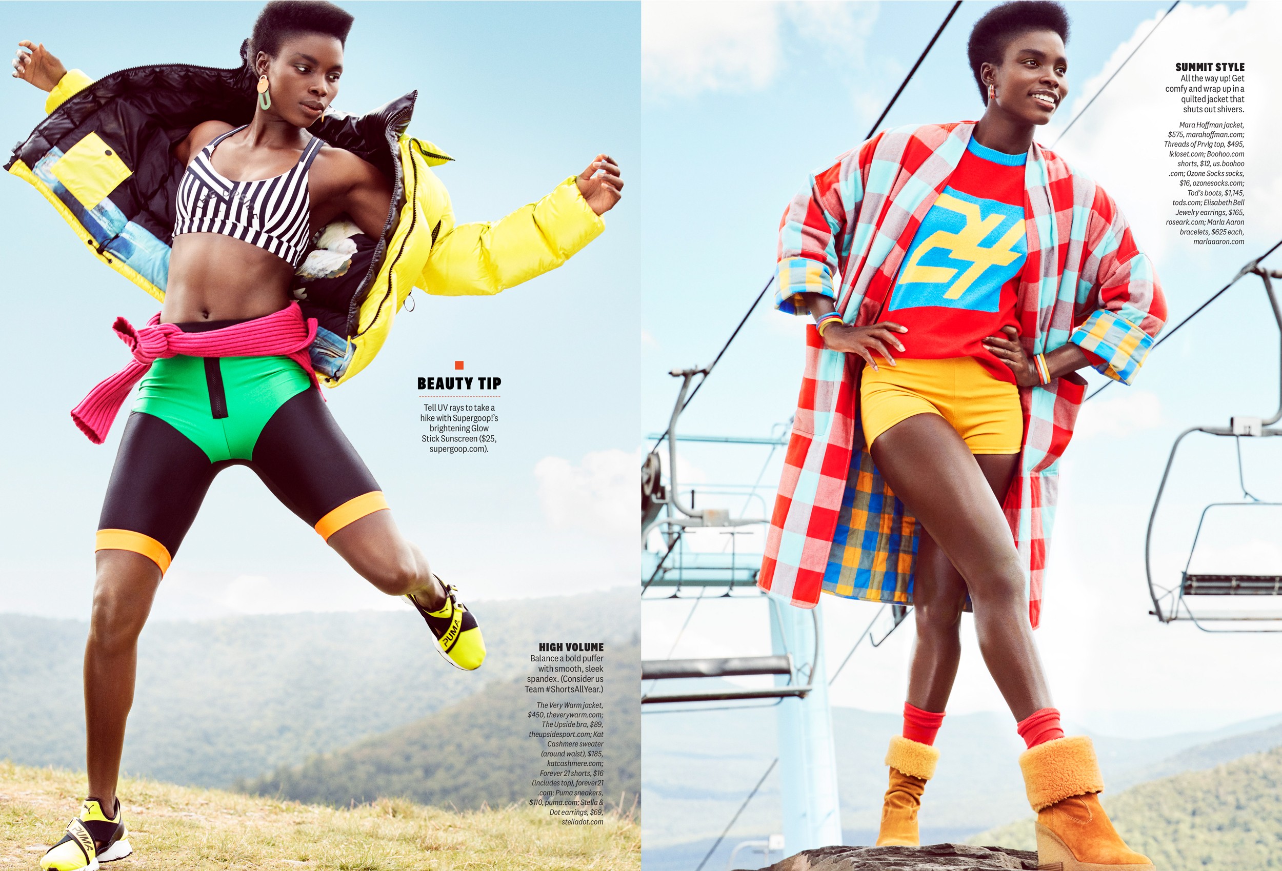 Fashion spread of model in colorful athleisure paired with coats. Shot on top of a ski slope during Autumn