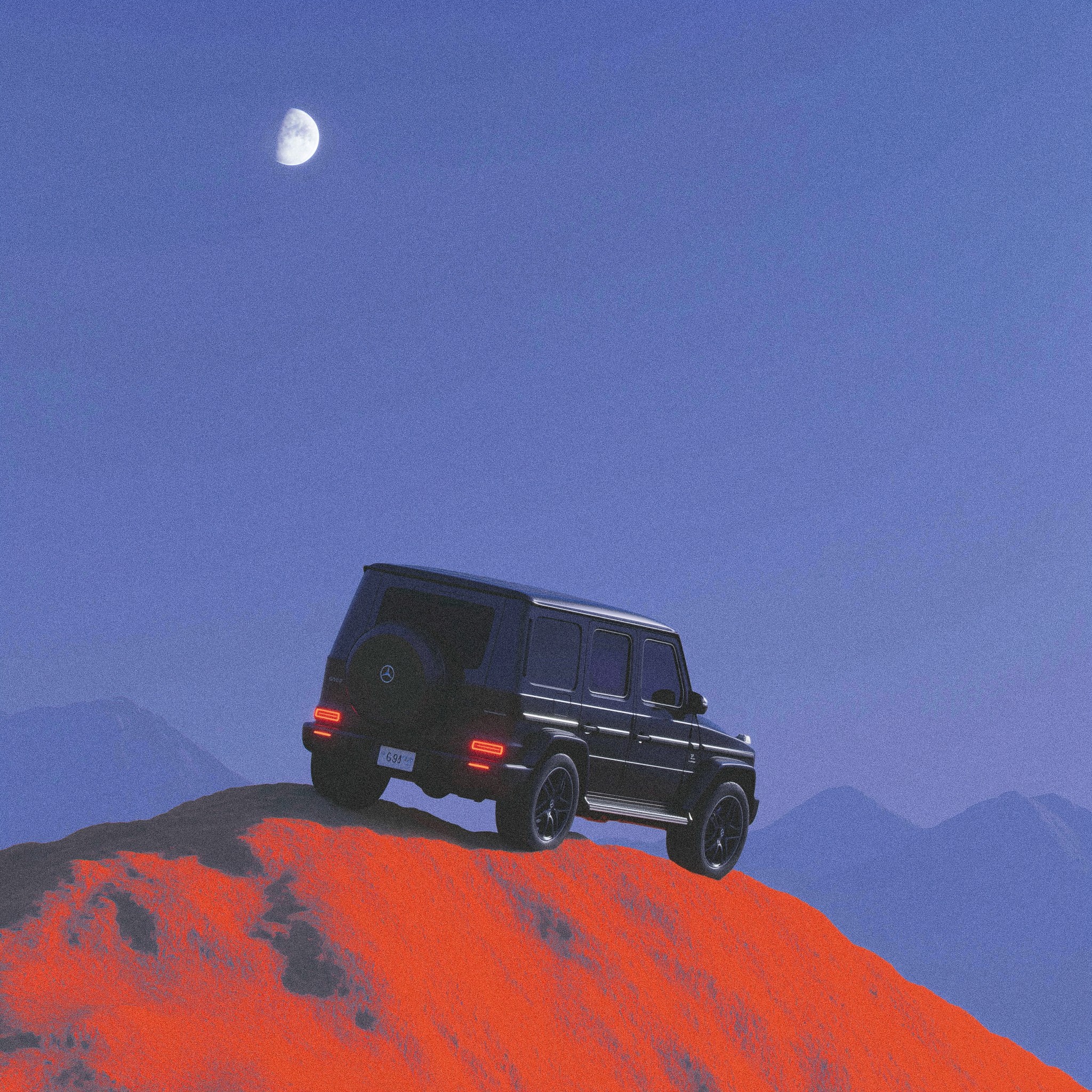 A black SUV stands on a vivid red ridge with distant blue mountains and a pale moon in a clear dusk sky. The scene is minimal and atmospheric.