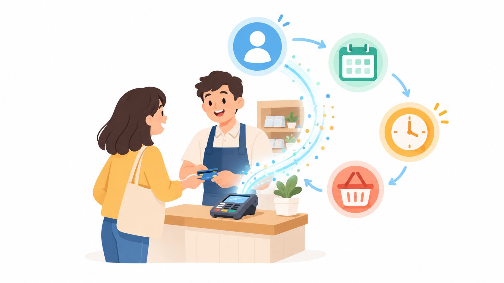Una clienta paga en una tienda mientras se muestra un proceso digital de gestión de ventas