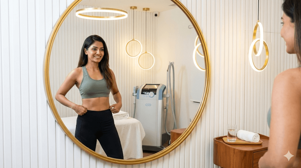 A patient standing confidently in front of a mirror, happy with their refined body shape.