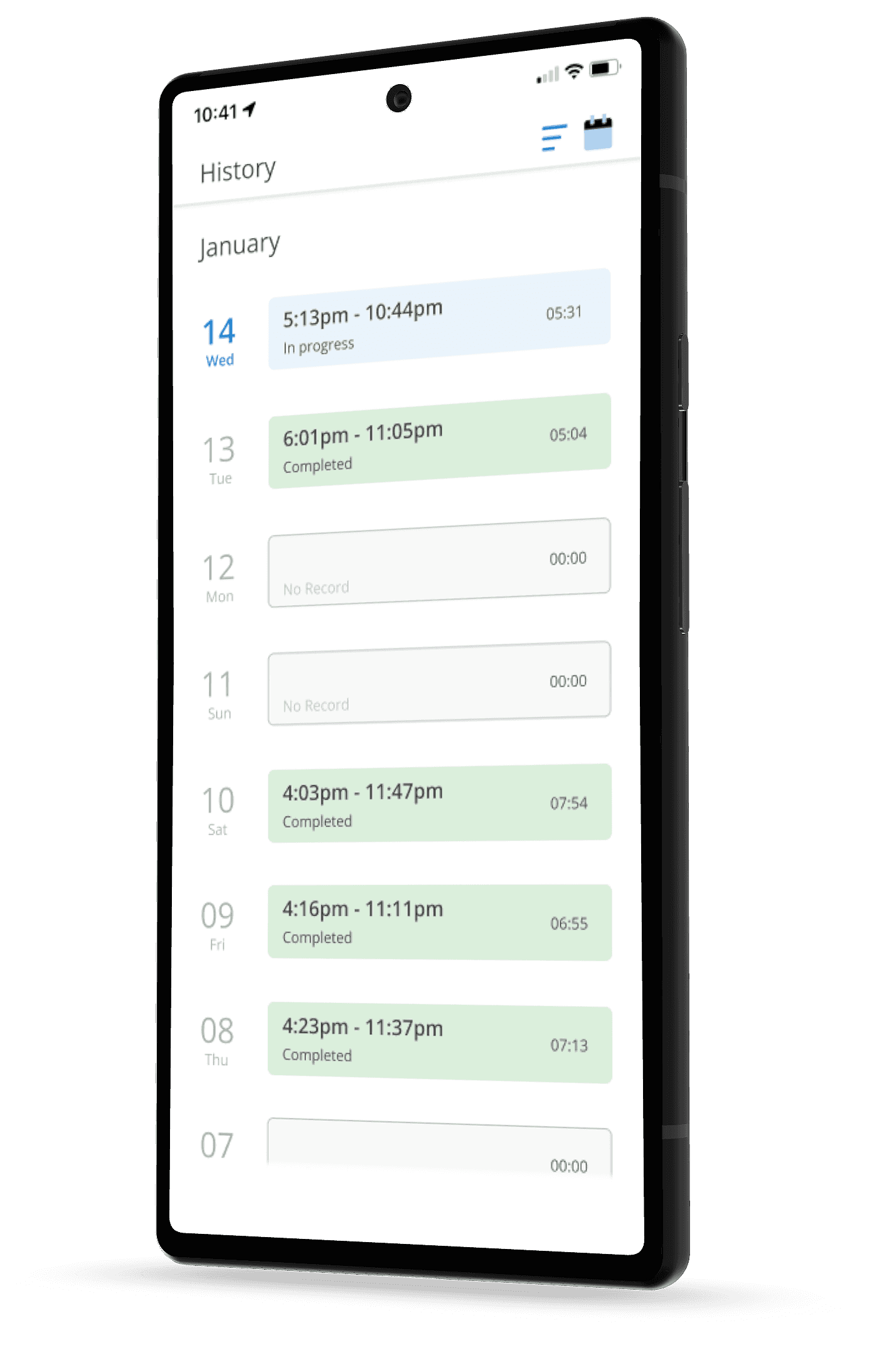 TimeTracker mobile app displaying January shift history with completed time entries for accurate employee time tracking without punch cards