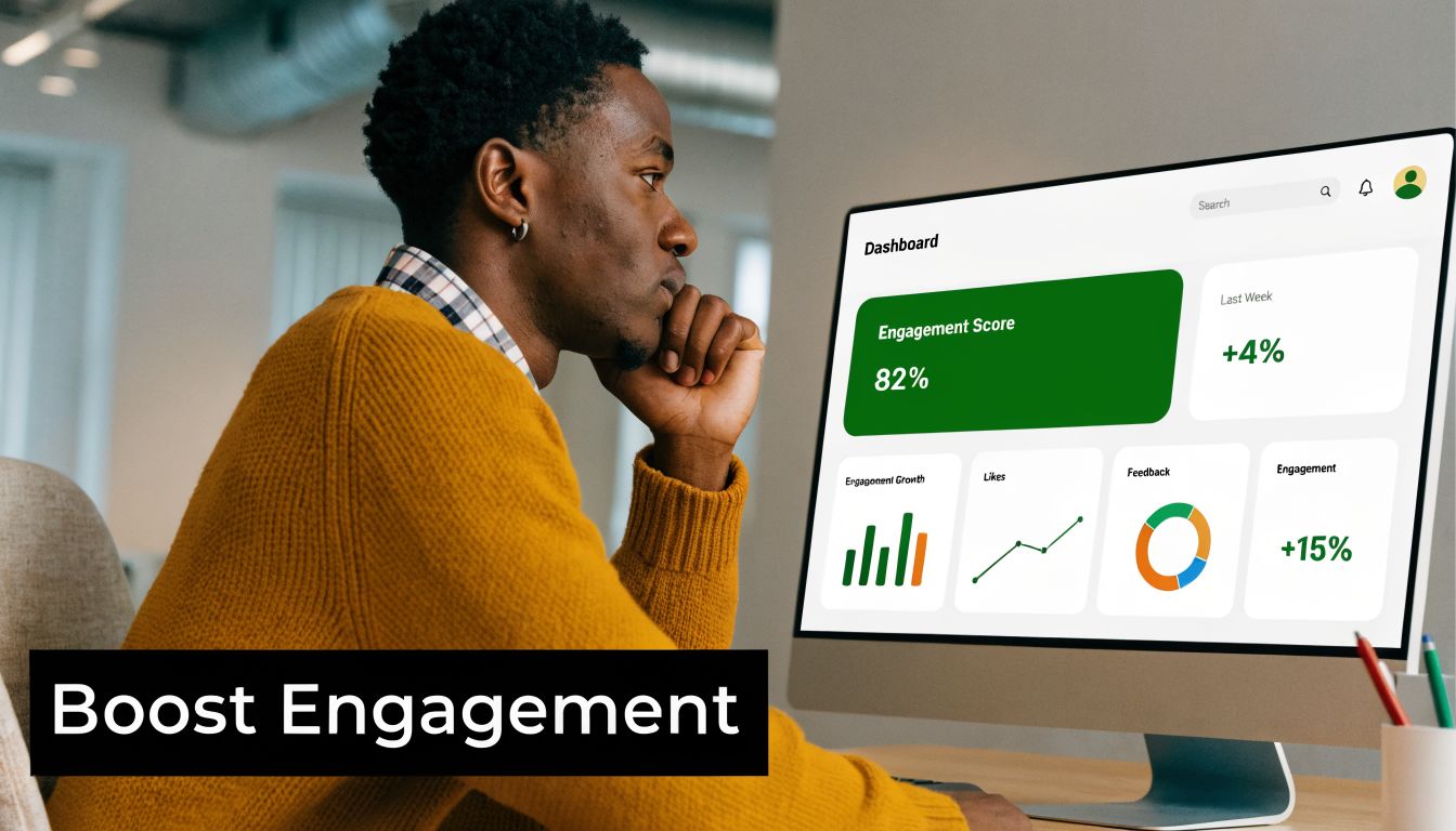 A man in a yellow sweater looks at a computer dashboard displaying social media engagement analytics.