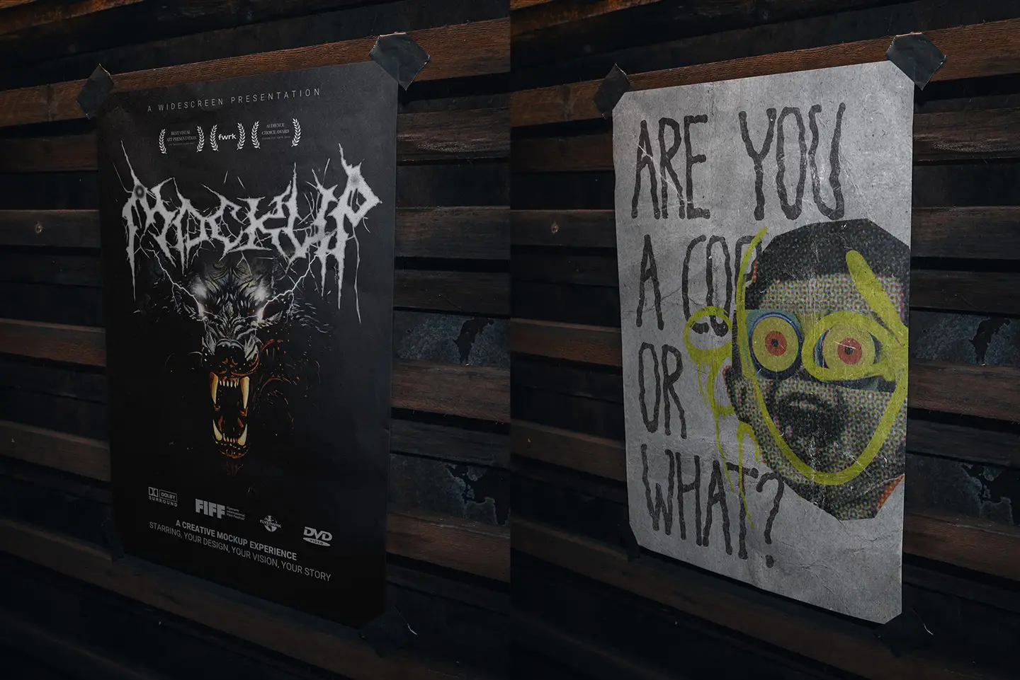 Basement A2 poster mockup showing cinematic poster artwork taped on wall