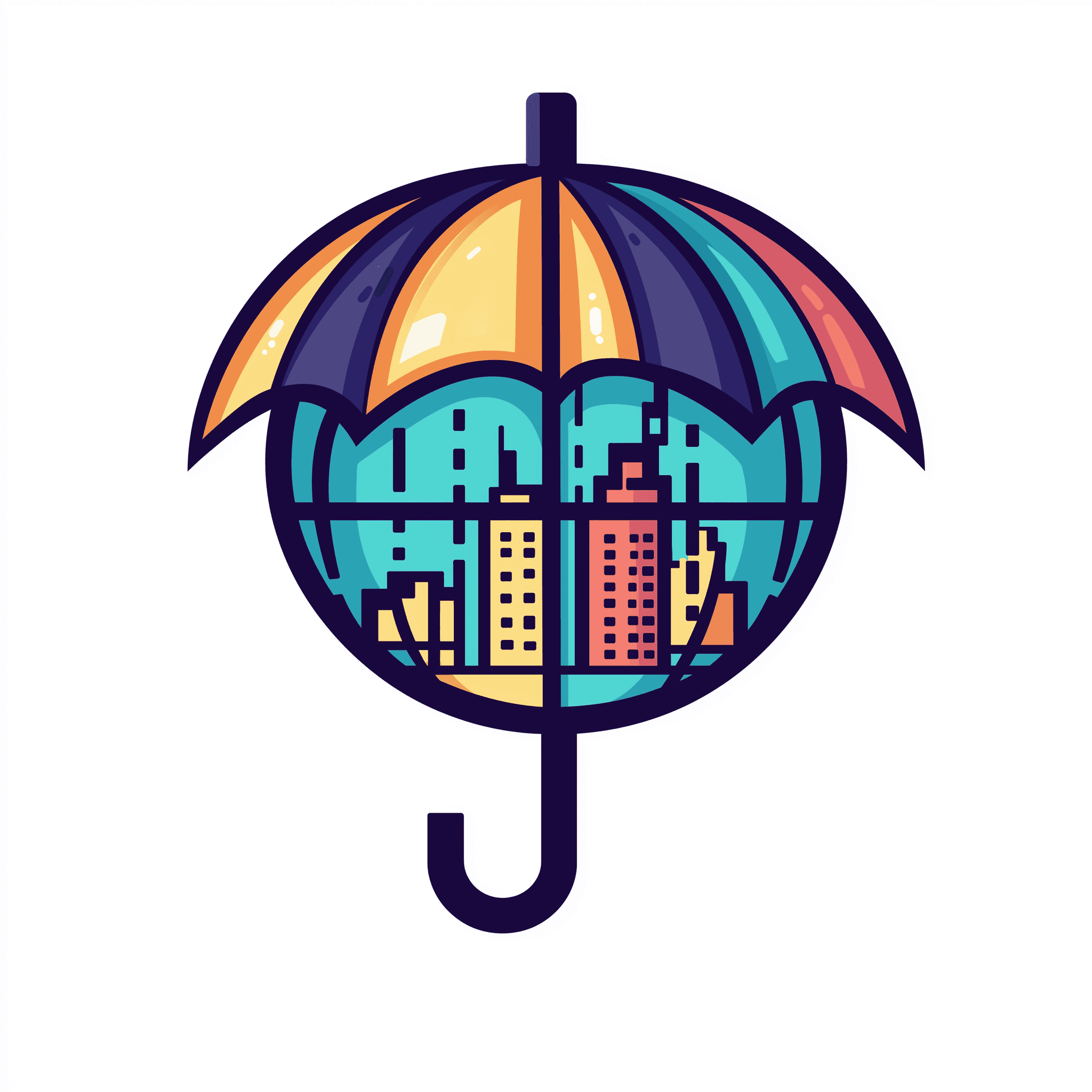 An illustration of an umbrella over a city