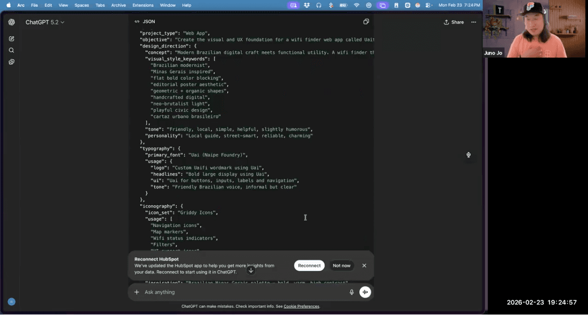 O ChatGPT devolveu o prompt em JSON — tipografia, iconografia, tom de voz e direção visual, tudo estruturado.