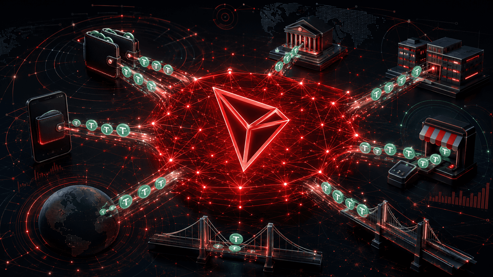 TRON blockchain network routing high-volume USDT payments between wallets, exchanges and merchants