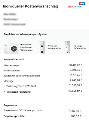 Musterangebot einer Wärmepumpe eines regionalen Fachbetriebs.
