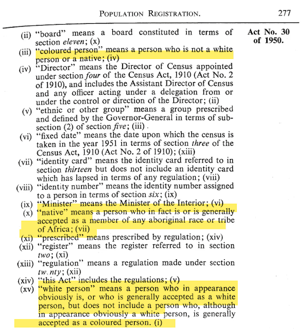 Excerpt from page 277 of the Population Registration Act (1950), showing racial classification categories. Source: copy accessed online, exact source unknown