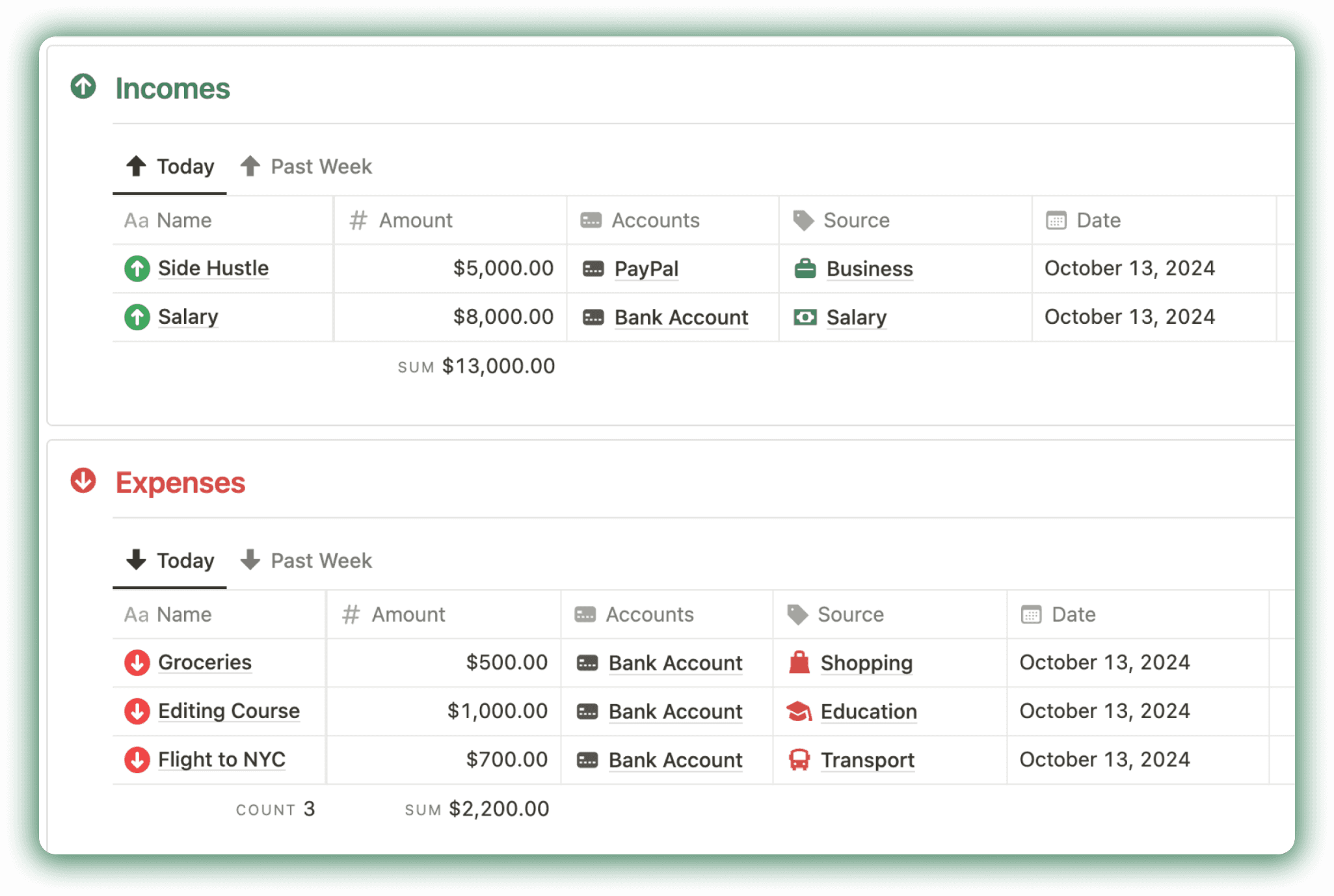 Incomes and Expenses in notion Finance hub