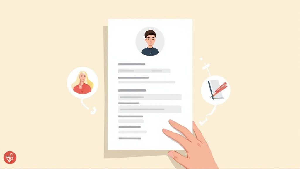 Eine Personalerin betrachtet einen Lebenslauf mit einem professionellen Bewerbungsfoto, was den positiven ersten Eindruck unterstreicht.