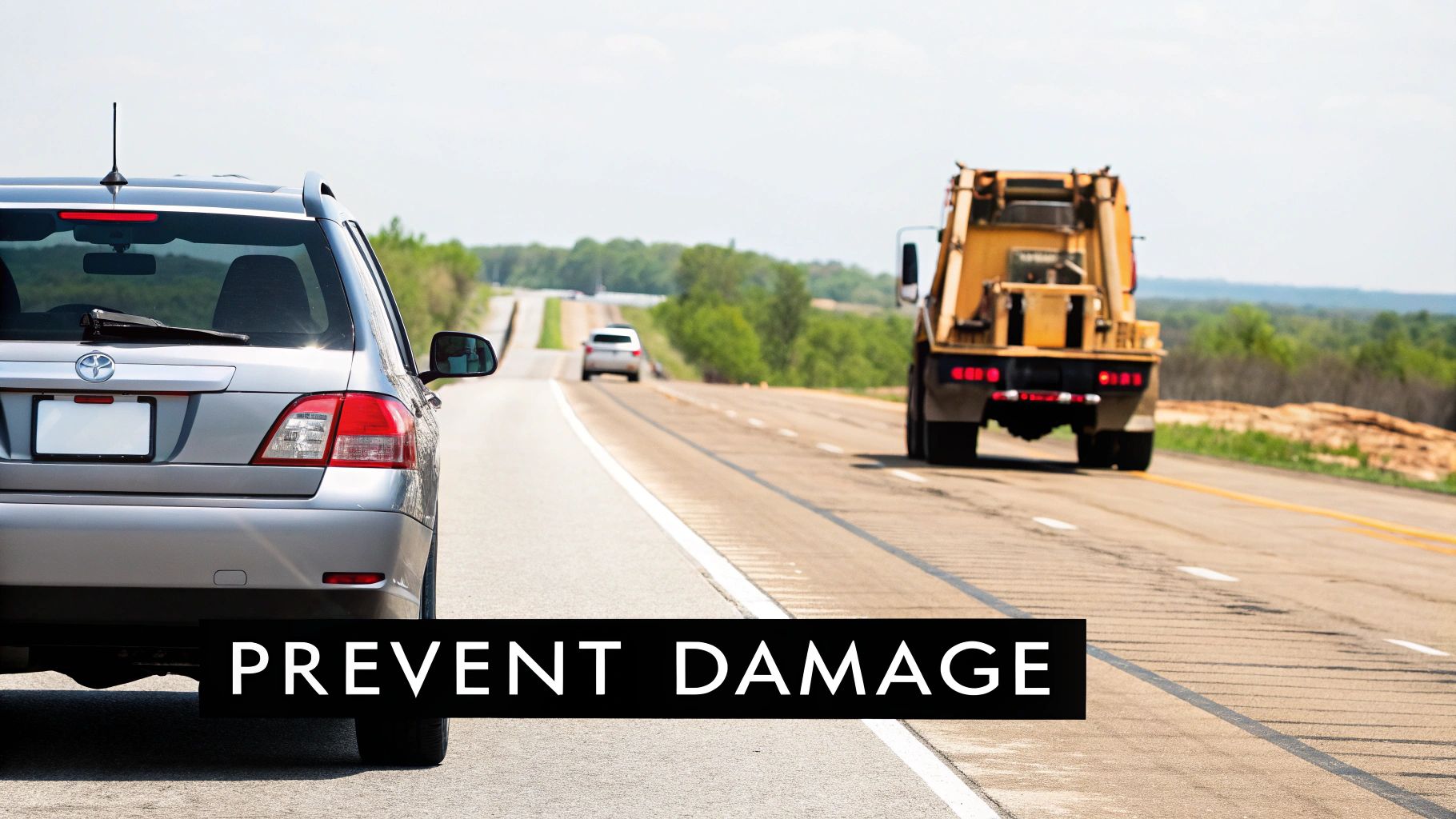 Rear view of a silver car parked on a roadside, with other vehicles and a truck on a highway.