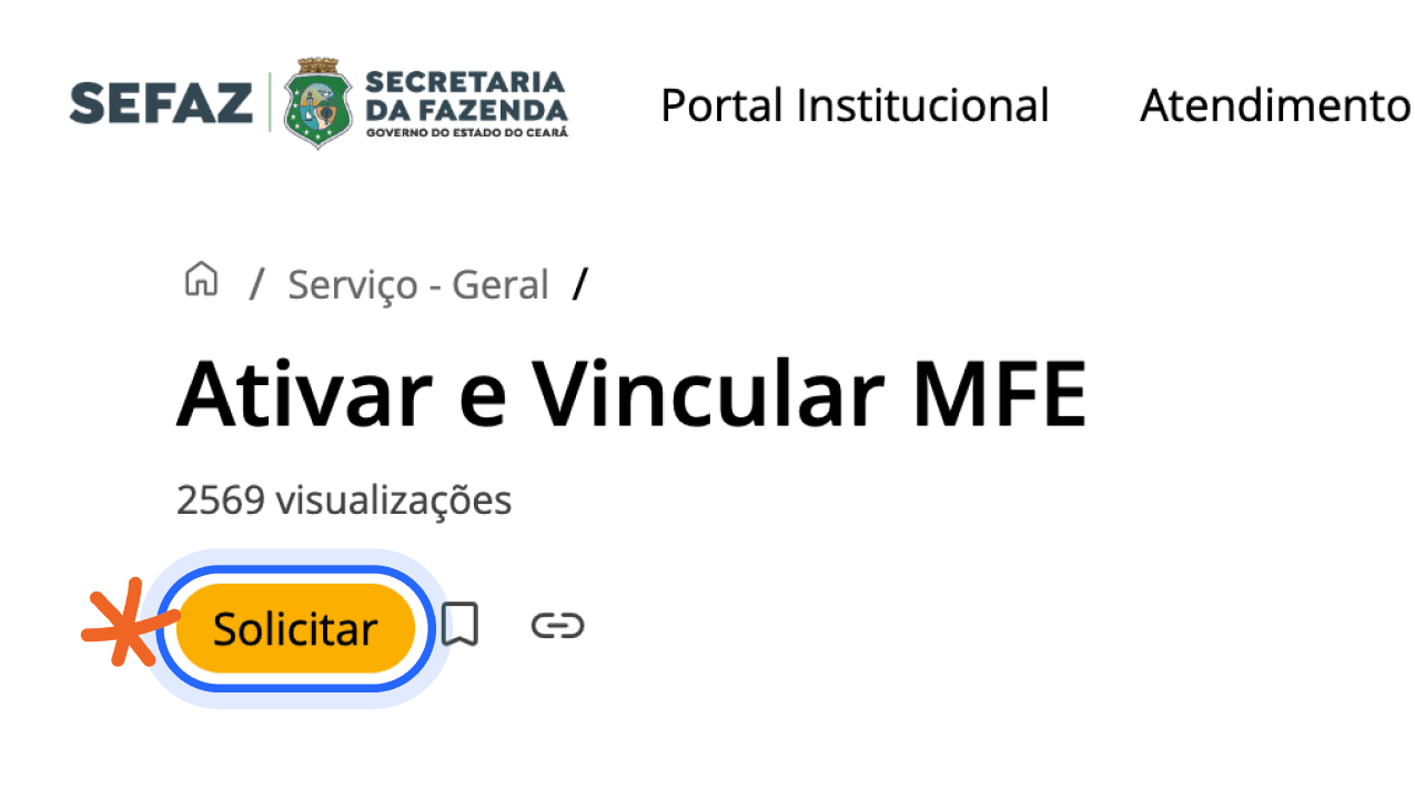 Print do botão "Solicitar" no topo da página de vinculação do Portal de Serviços da SEFAZ.