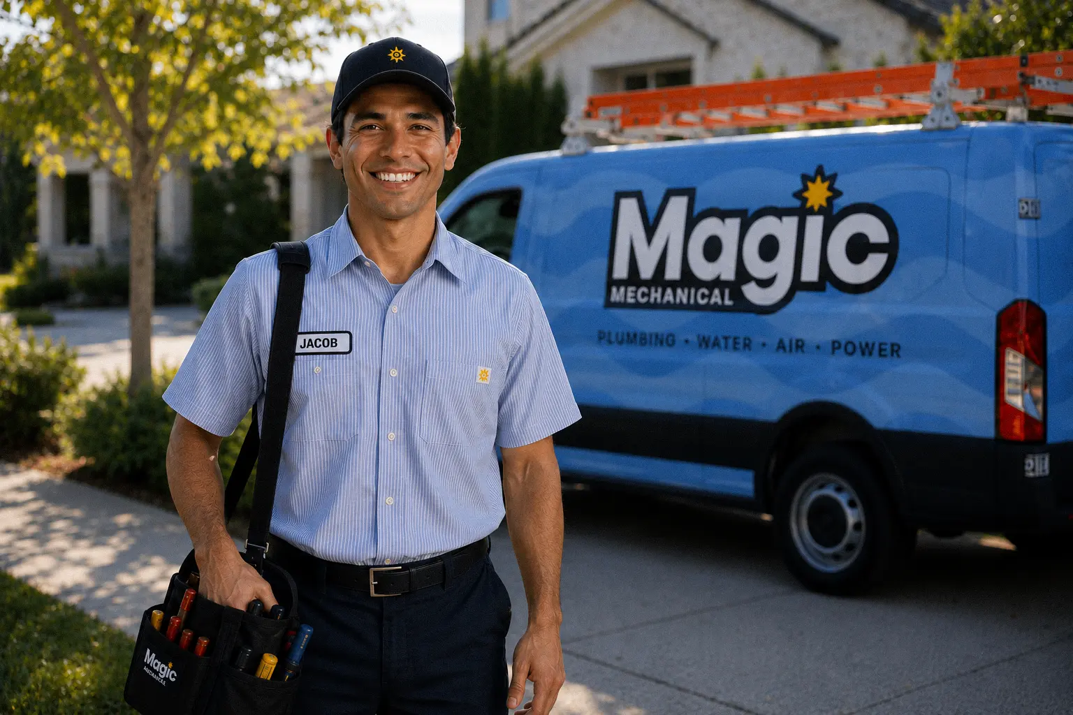 Magic Mechanical technician standing beside a branded blue service van outside a residential home.