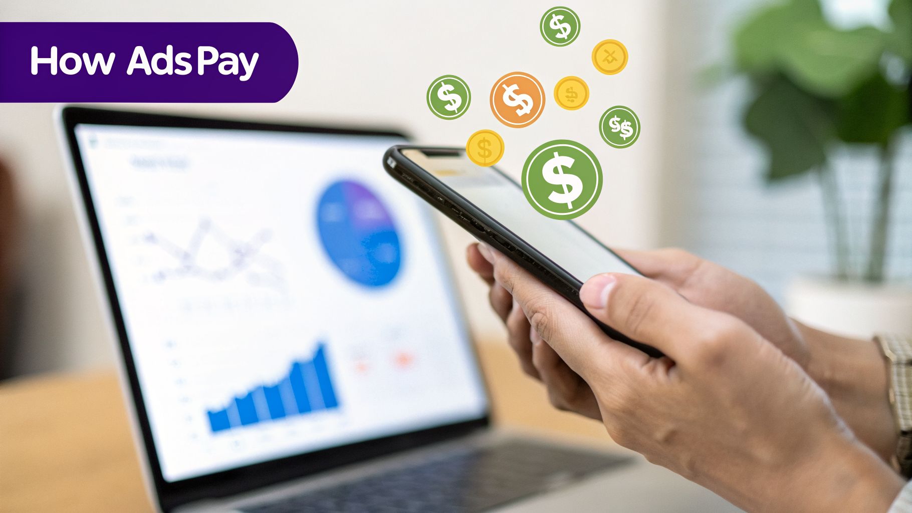 Hands holding a smartphone with money symbols, a laptop with charts, and