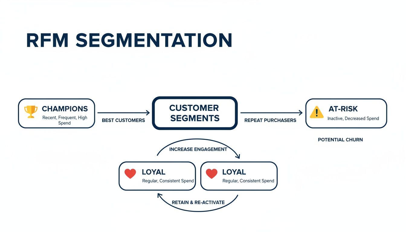 RFM customer segmentation model illustrating Champions, Loyal, and At-Risk customer behaviors and actions.