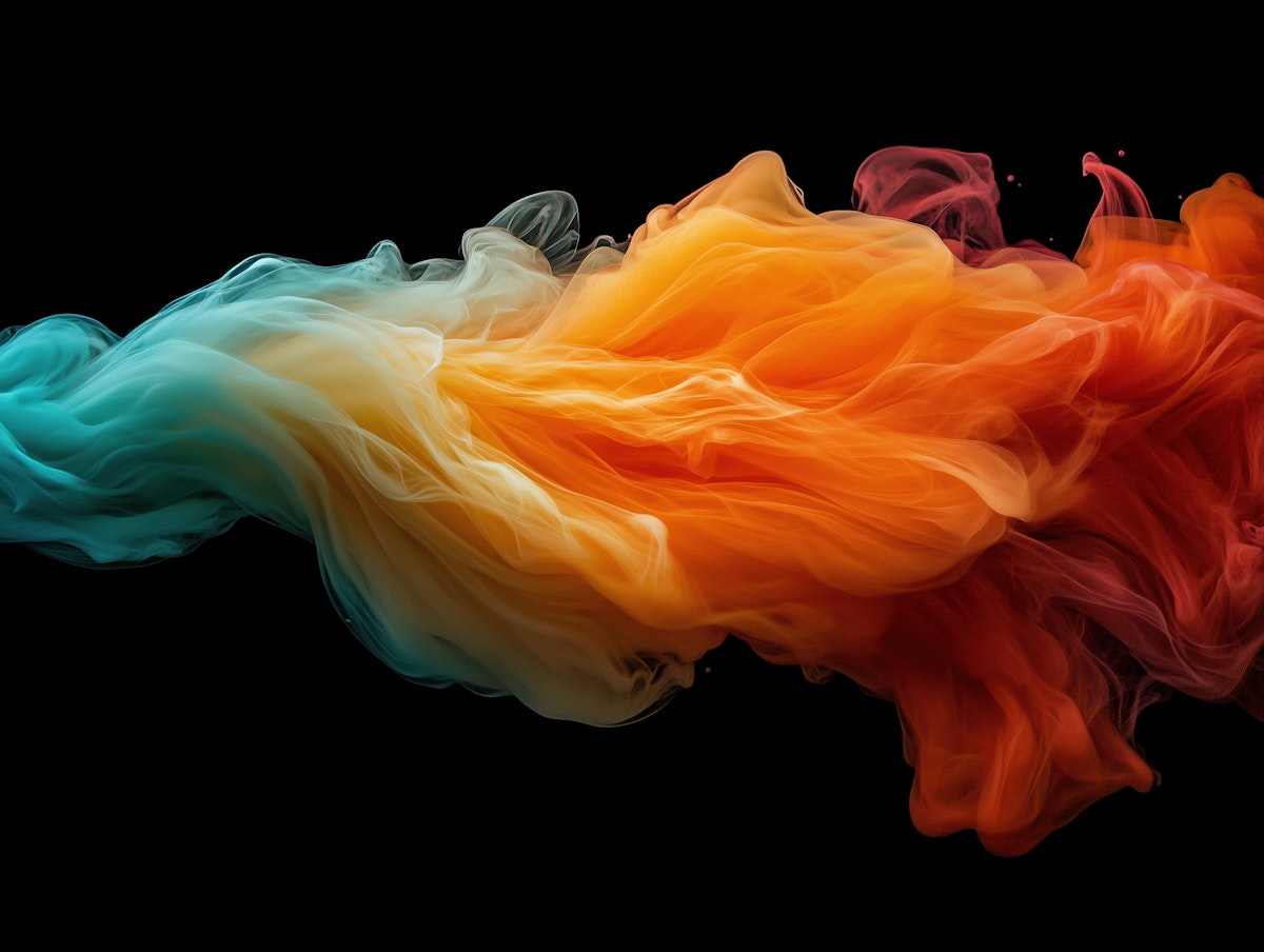 Colorful flowing wisps of blue, orange, and yellow against a black background, creating a smoky, abstract effect signifying toxicity