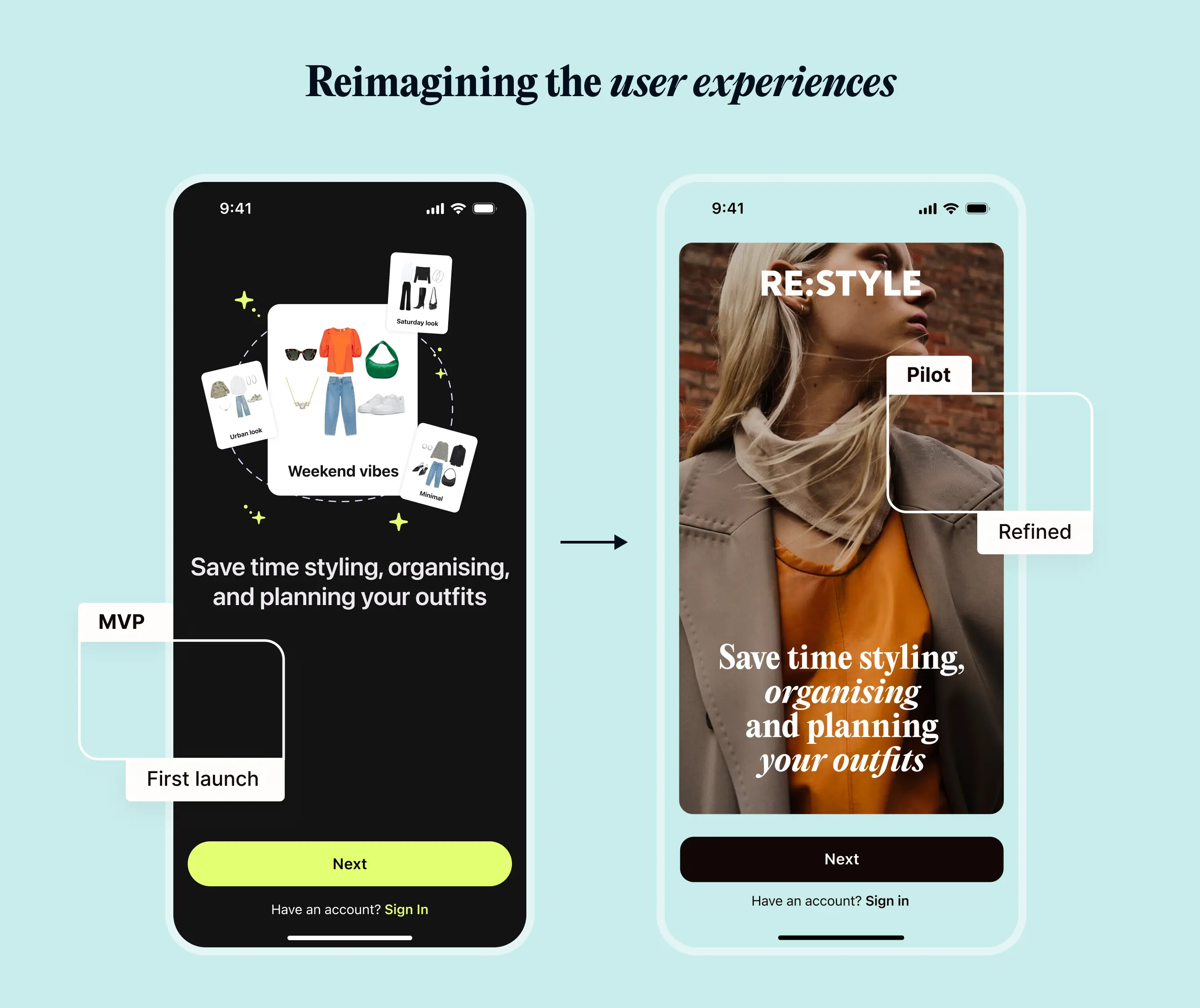 In-app navigation and interface screens of Re:Style fashion app, demonstrating seamless UI for effortless styling and outfit curation.