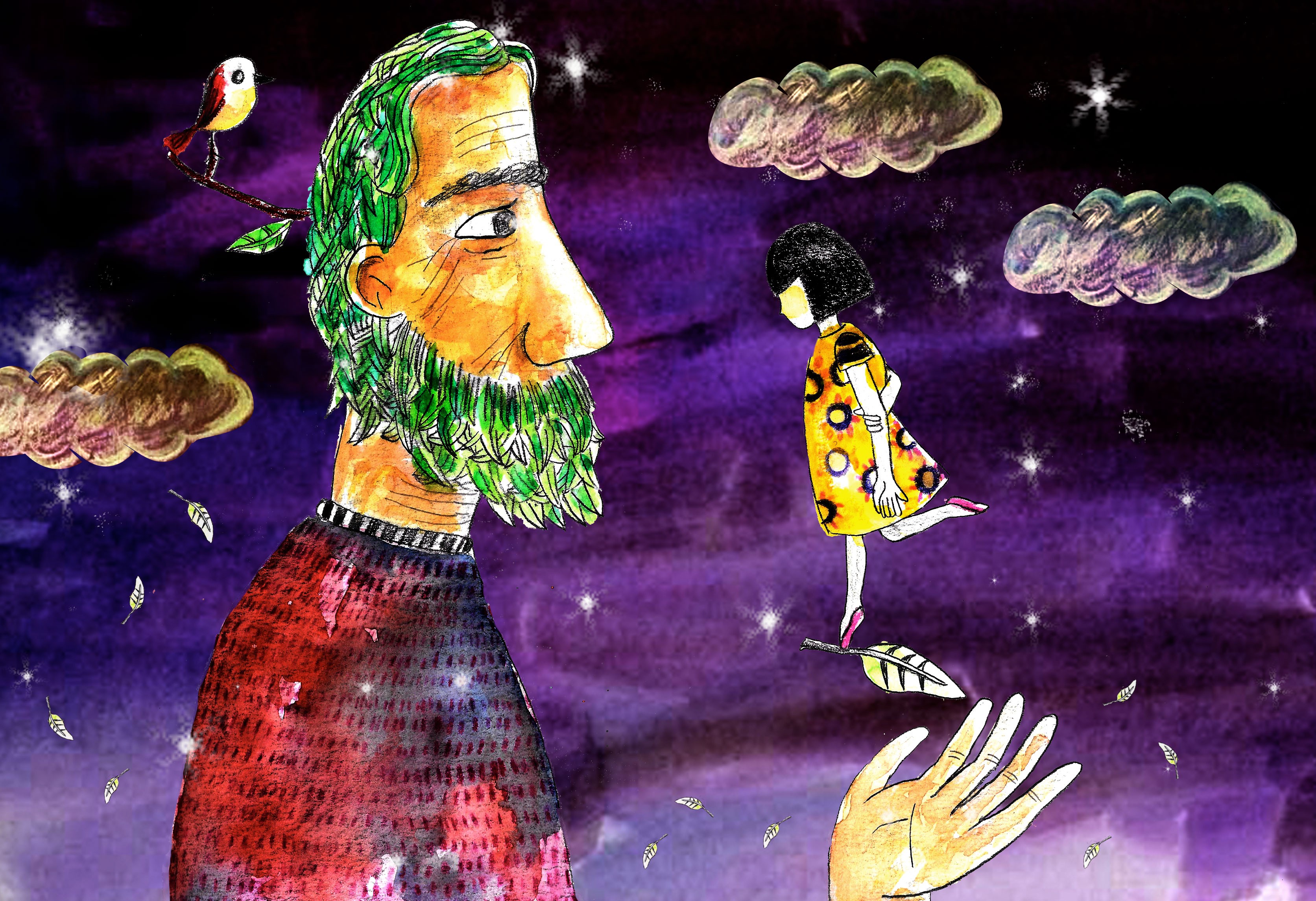 Painting of a giant bearded man in a starry purple sky holding a tiny girl in a yellow dress on his hand