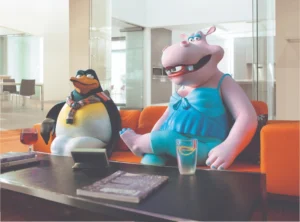 Scene from Advantage Air’s 2005 Creature Comforts claymation campaign, featuring animated characters demonstrating the benefits of individual room temperature control.