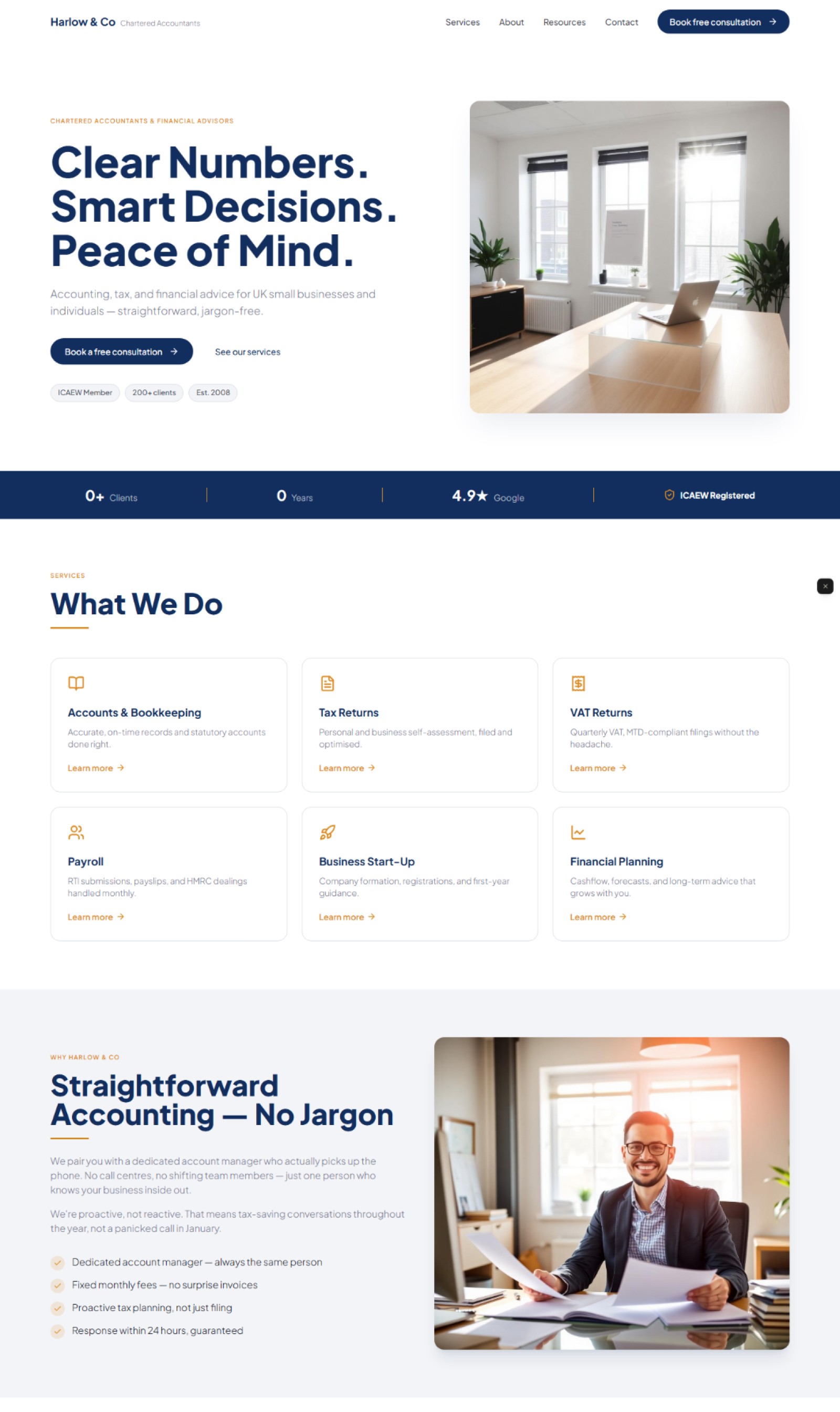Accountant website prompt — clean white and deep navy with amber accountant financial advisor website design preview
