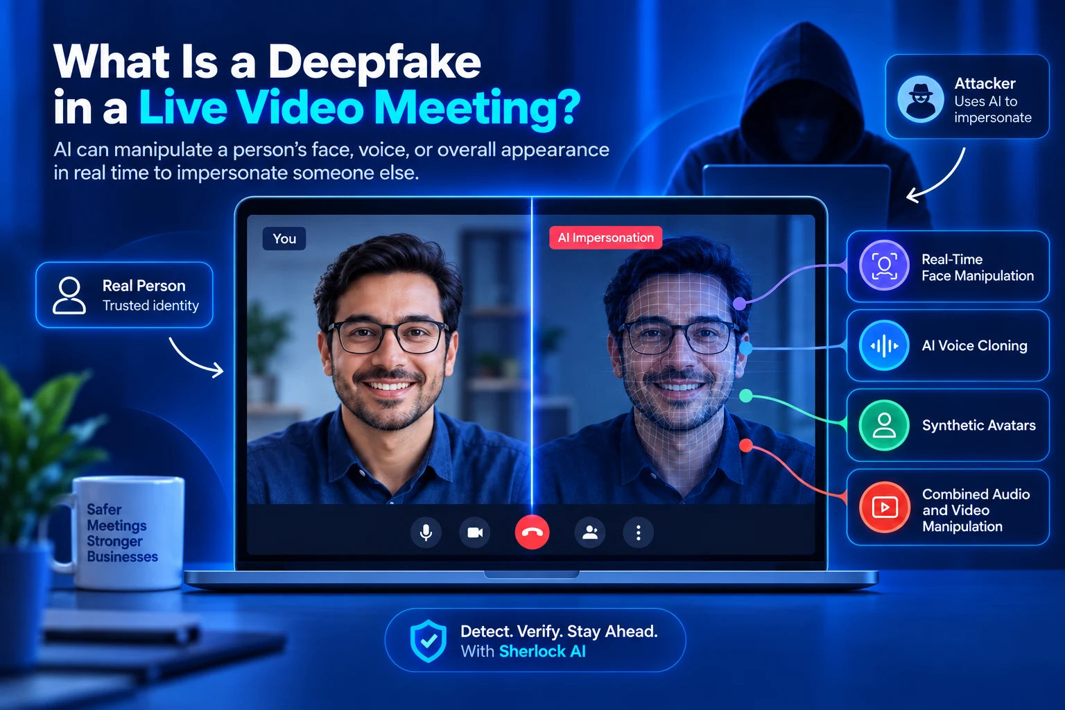 AI deepfake impersonation in a live video meeting.
