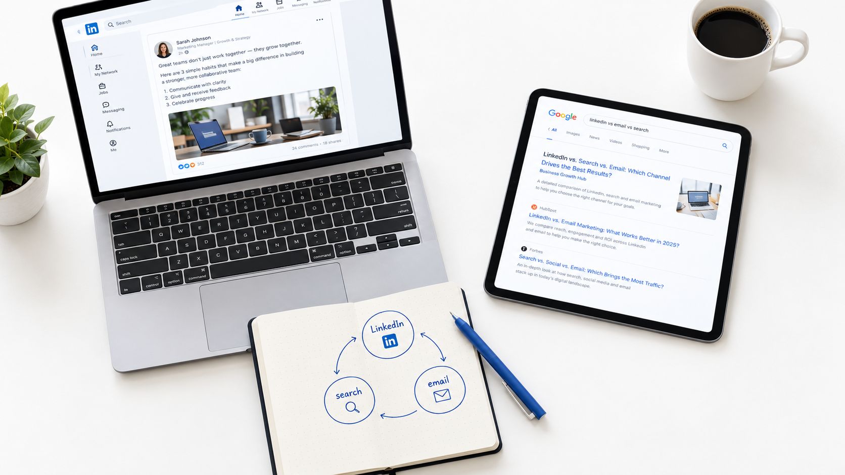 A laptop, tablet, and notebook displaying LinkedIn, search results, and a marketing strategy diagram on a desk.