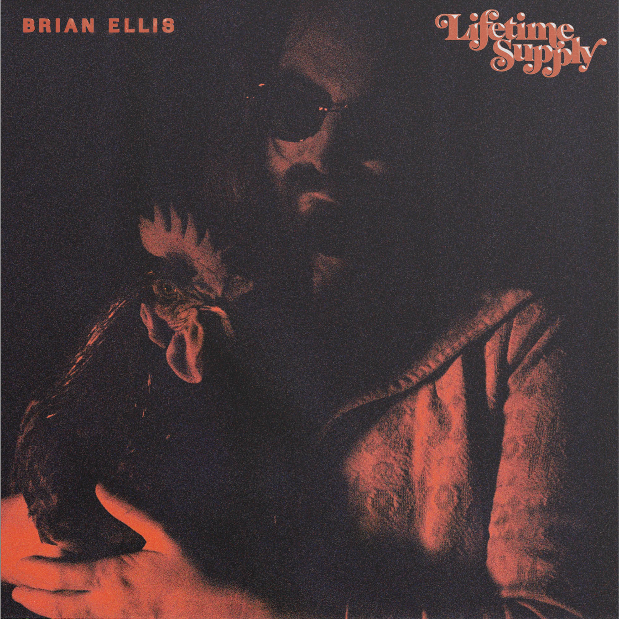 Album cover with a person holding a rooster and text 'Brian Ellis Lifetime Supply' on a dark background
