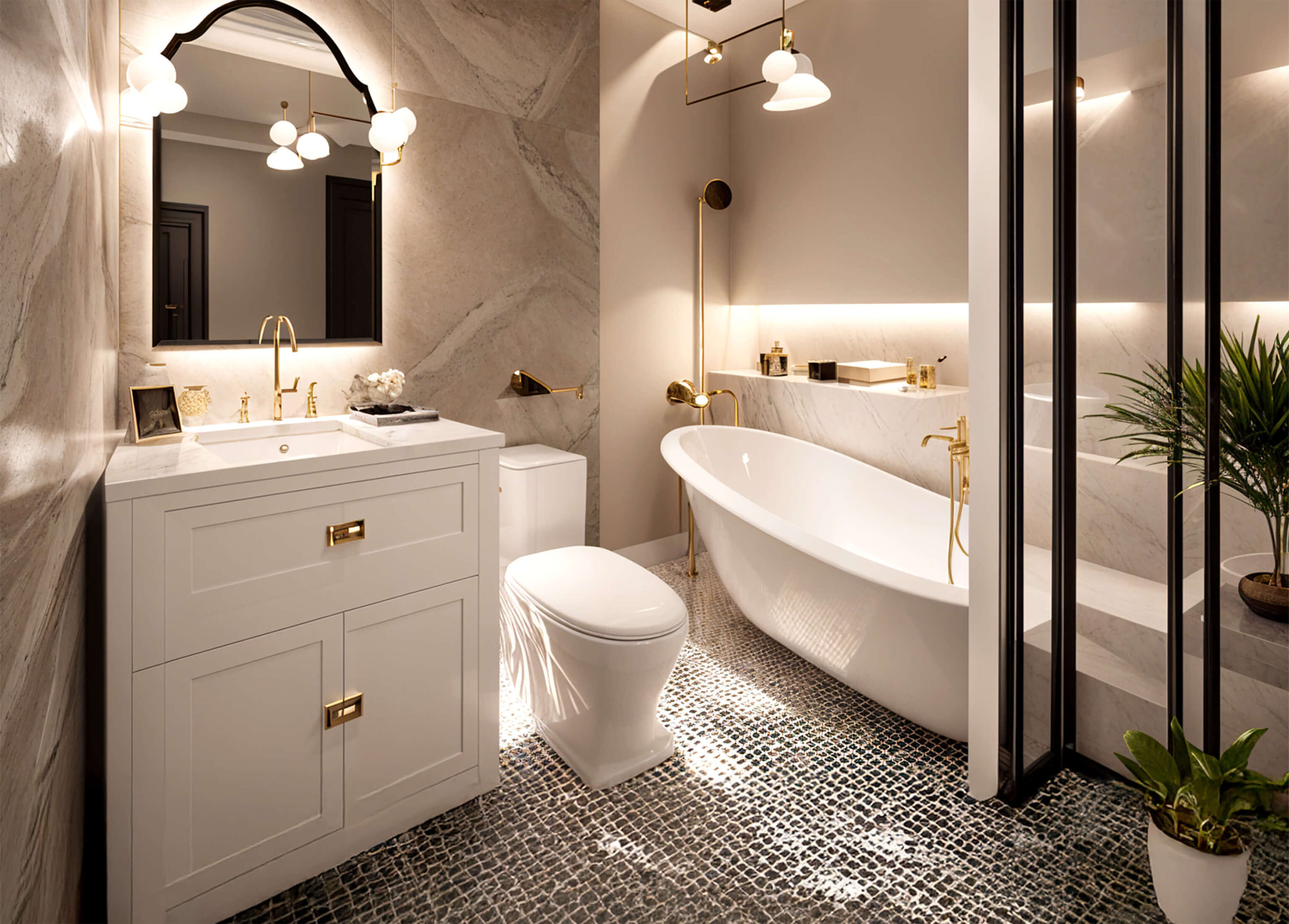 A spa-like bathroom with warm lighting, freestanding tub, brass fixtures, marble walls, and a modern vanity in soft neutral tones.