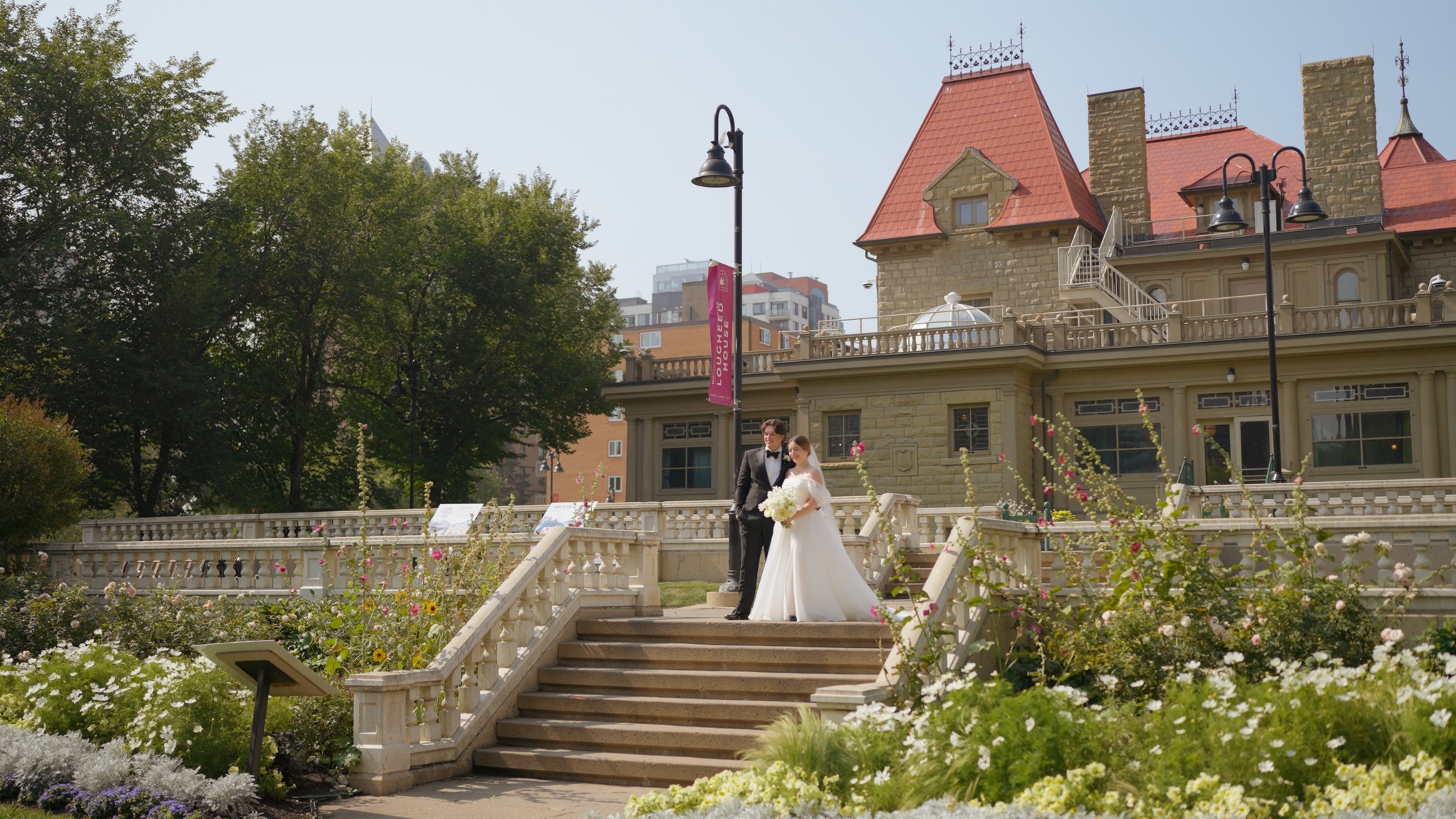 couple posing with flowers