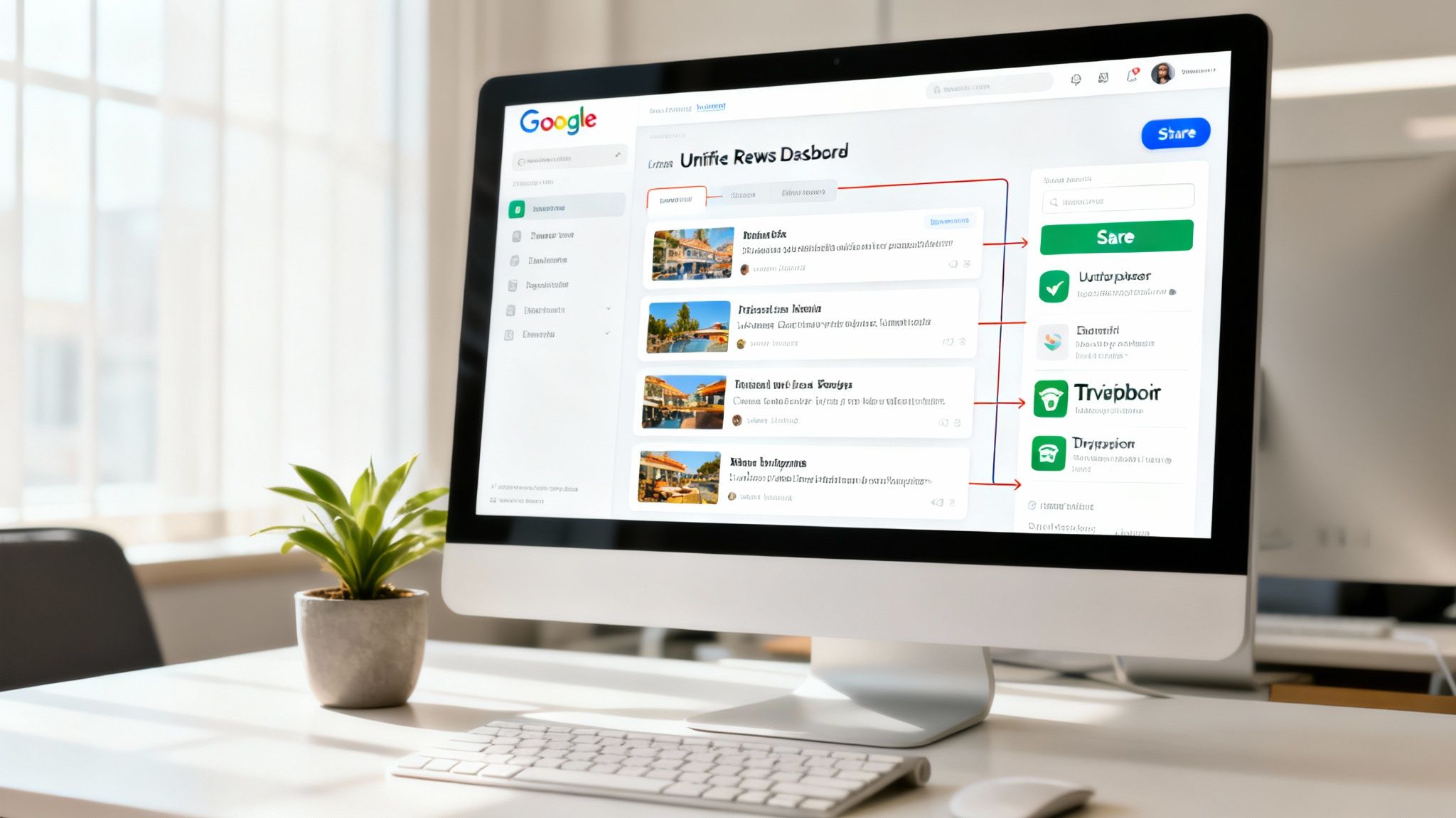 A computer screen displays a news dashboard interface with prominent social media sharing options.